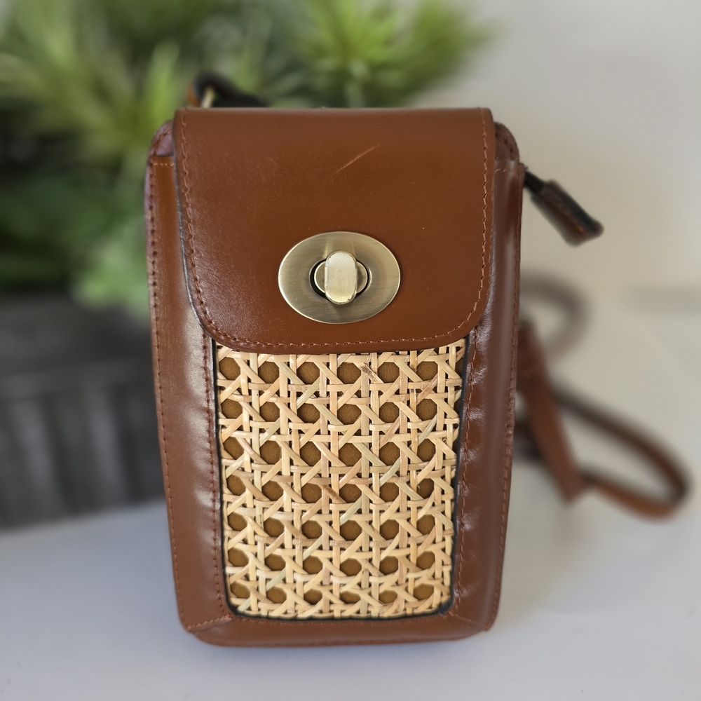 Patricia Nash Woven Rattan Cognac Leather Phone Crossbody Bag Boho Resort Summer - Picture 10 of 11